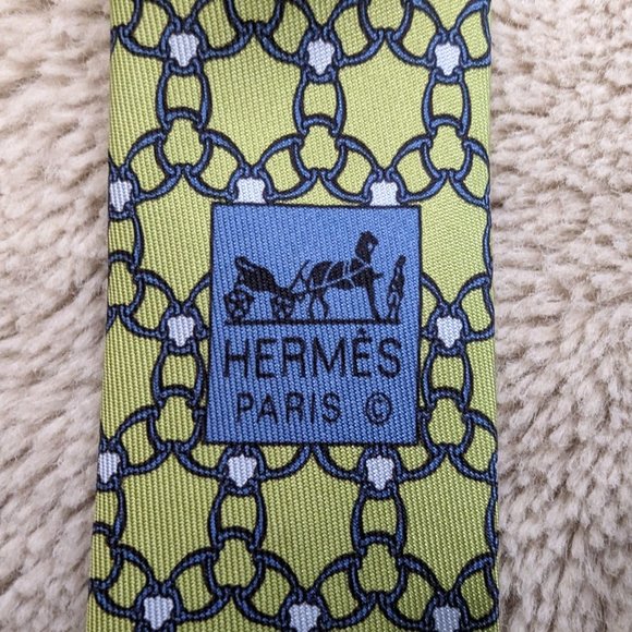 HERMÈS PARIS Equestrian Geometric Pattern Yellow Silk Tie 5339 TA - Picture 4 of 8